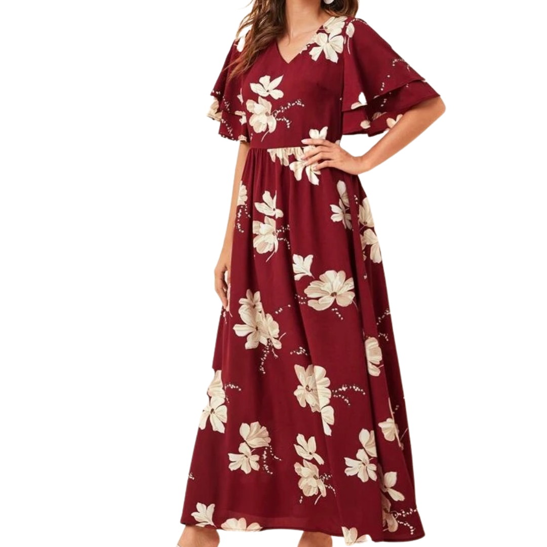 Canela Burgundy Floral Print Maxi Dress - Didi Royale