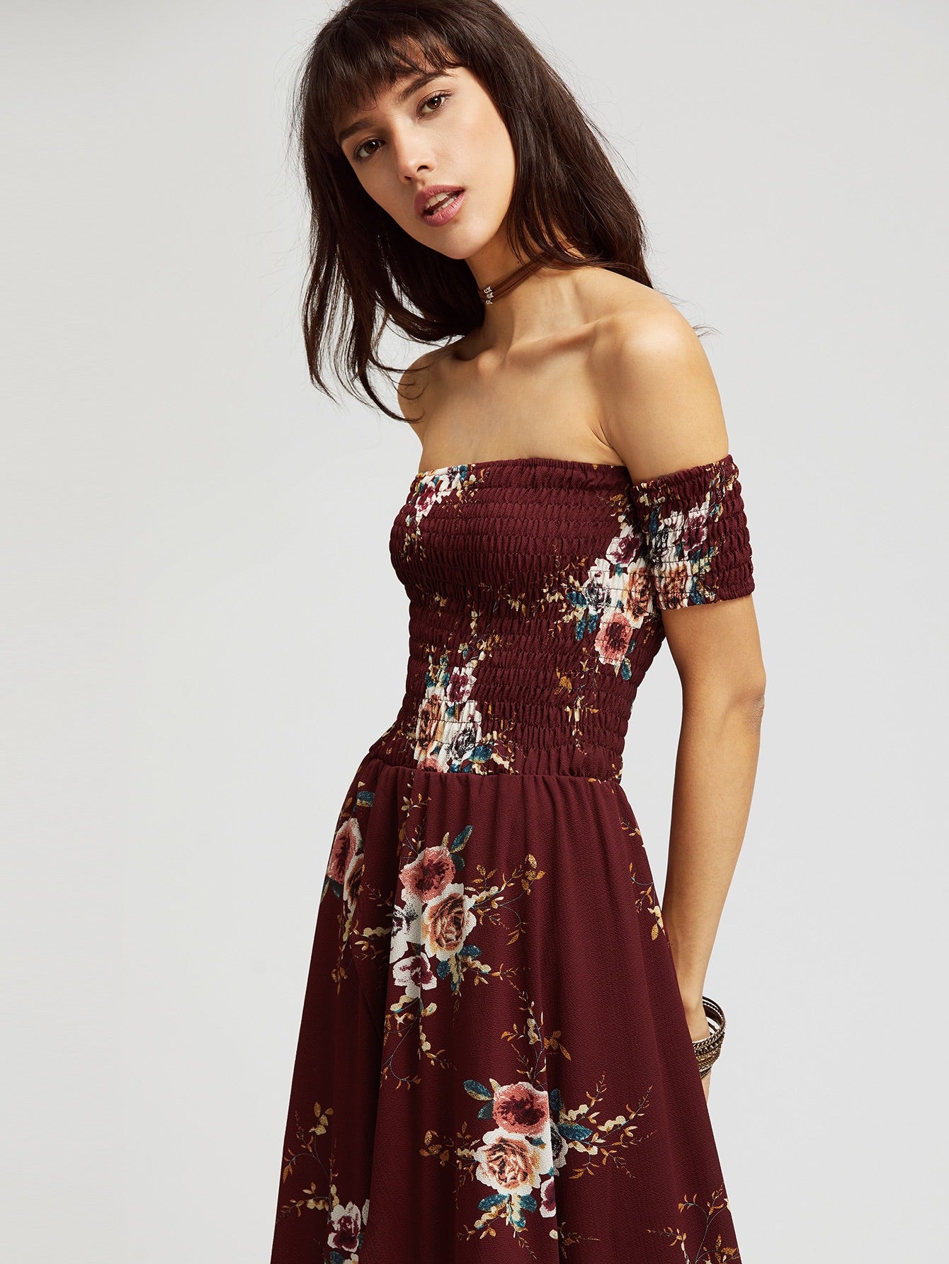 Malia Burgundy Florals Off The Shoulder Shirred Wrap Dress - Didi Royale