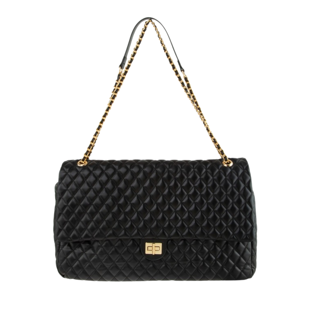 Sonya Oversized Black Quilted Messenger Bag with Gold Chain Strap - Didi Royale