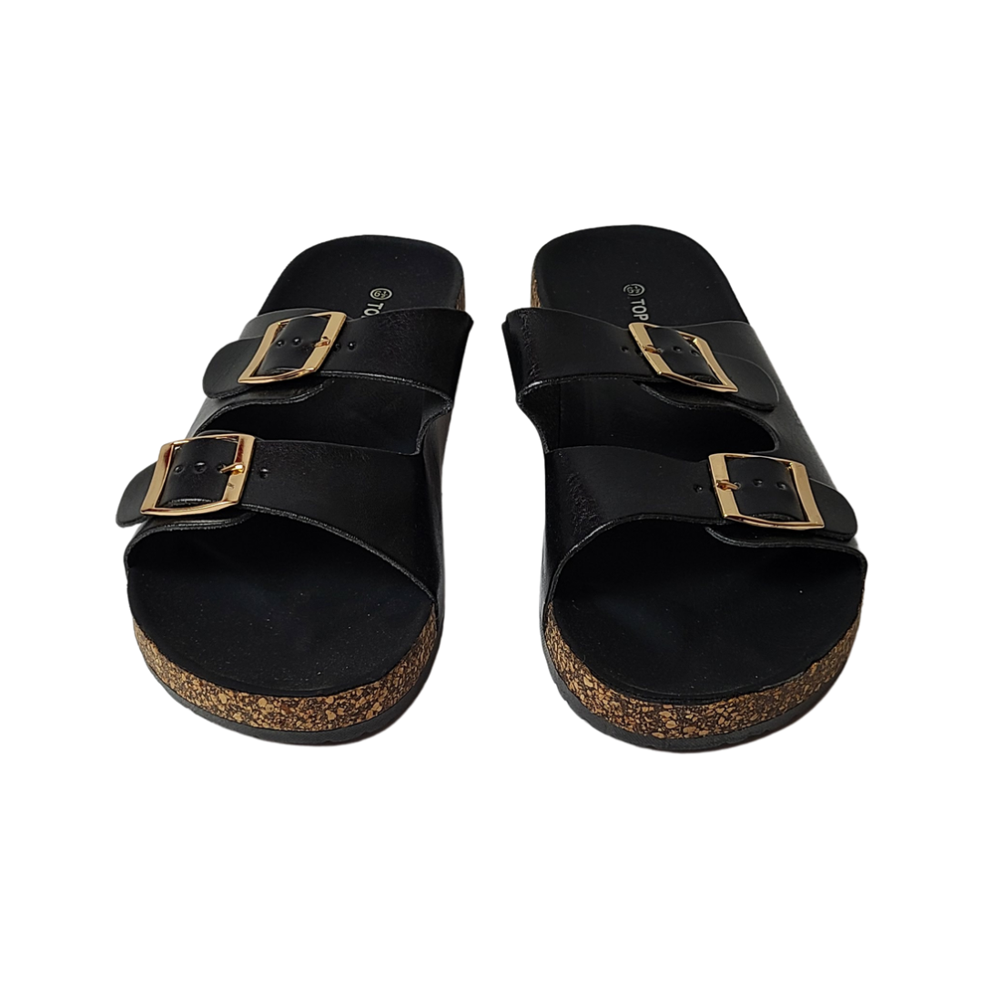 Georgia Dime Black Flat Slide Sandals - Didi Royale