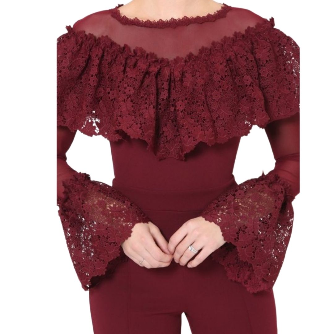 Lailani Burgundy Jumpsuit With Lace Detail - Didi Royale