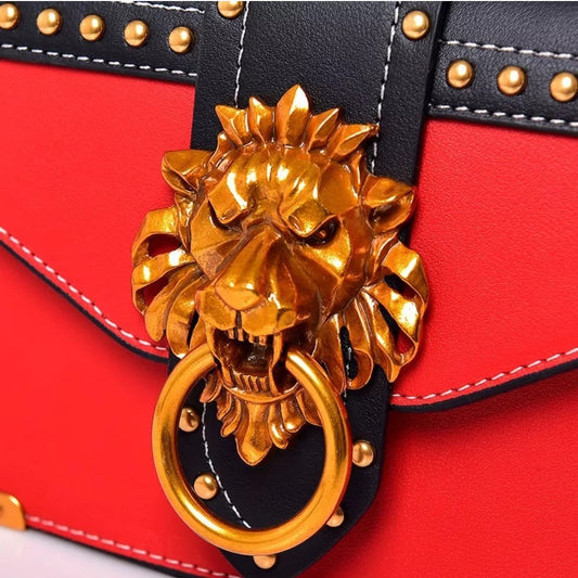 Skyler Metal Lion Head Handbag - Red - Didi Royale