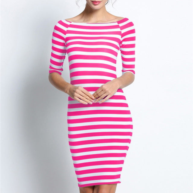 Karlie Striped Elastic Three Quarter Sleeve Dress (5 Colors) - Didi Royale