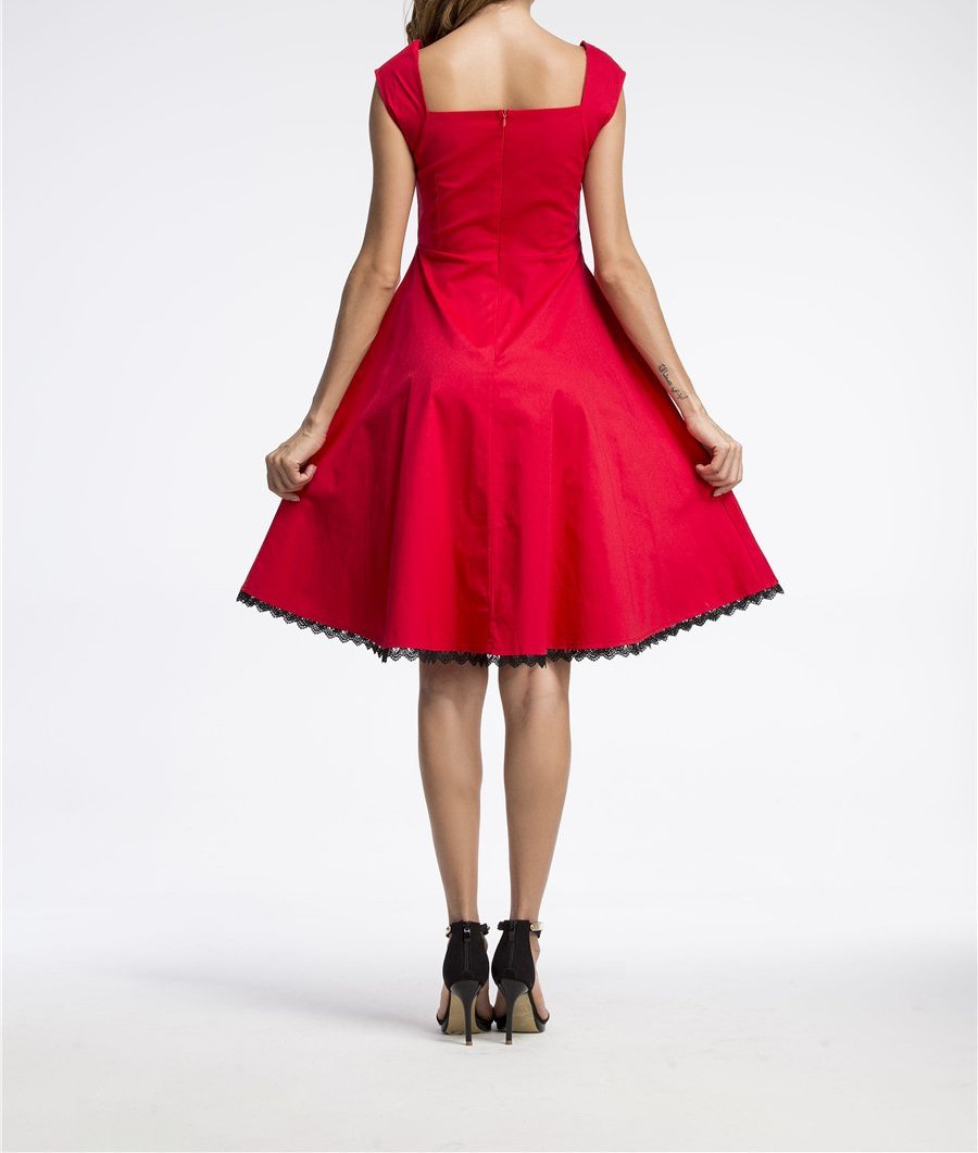 Courtney Red Square Collar Midi Black Trim Dress - Didi Royale